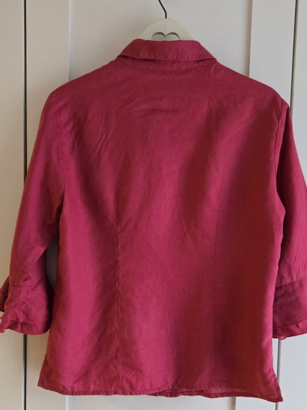 Melanie Lyne 100% Linen Raspberry Ruffle Sleeve Blouse Size M PTP20 - Picture 4 of 11